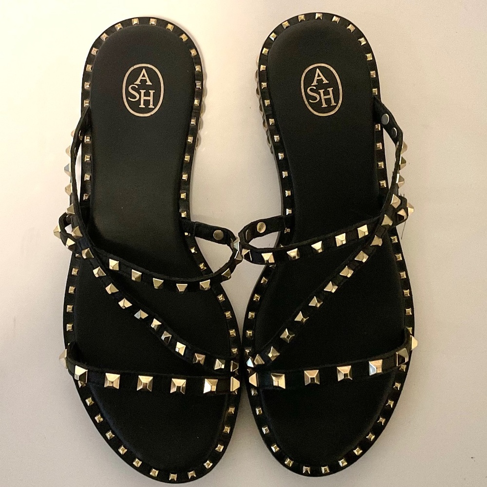 ASH Peace Studded  Leather Sandal Black/Gold Size EU 39